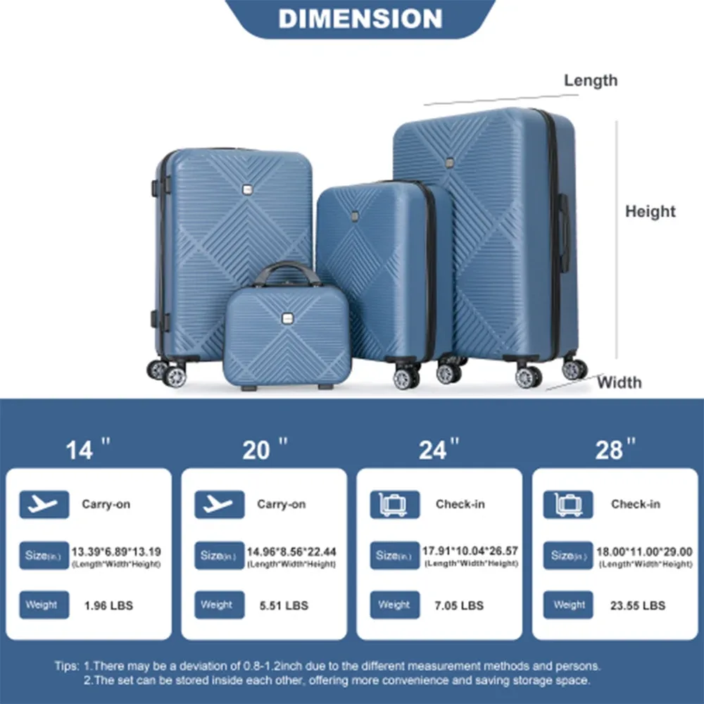 ensemble de bagages travelhouse 4 pièces, valise légère en abs avec roulettes pivotantes, 14" 20" 24" 28"
