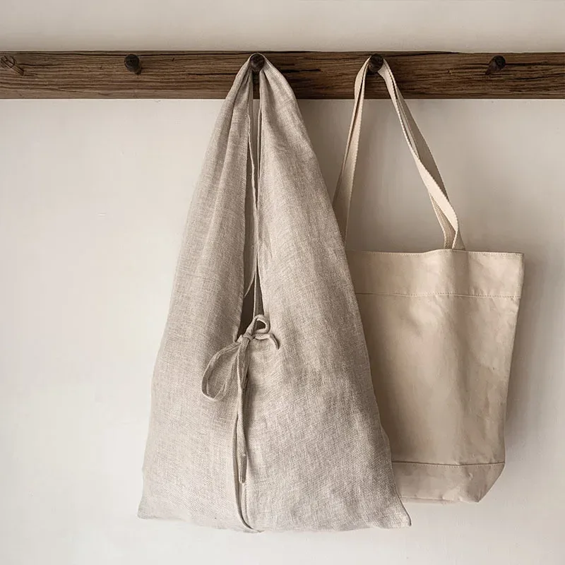 Sacs de courses rétro en lin pour femmes, sacs réutilisables pour articles divers, sacs à bandoulière pliables avec lacets, sacs de voyage et de plage, grands sacs à main