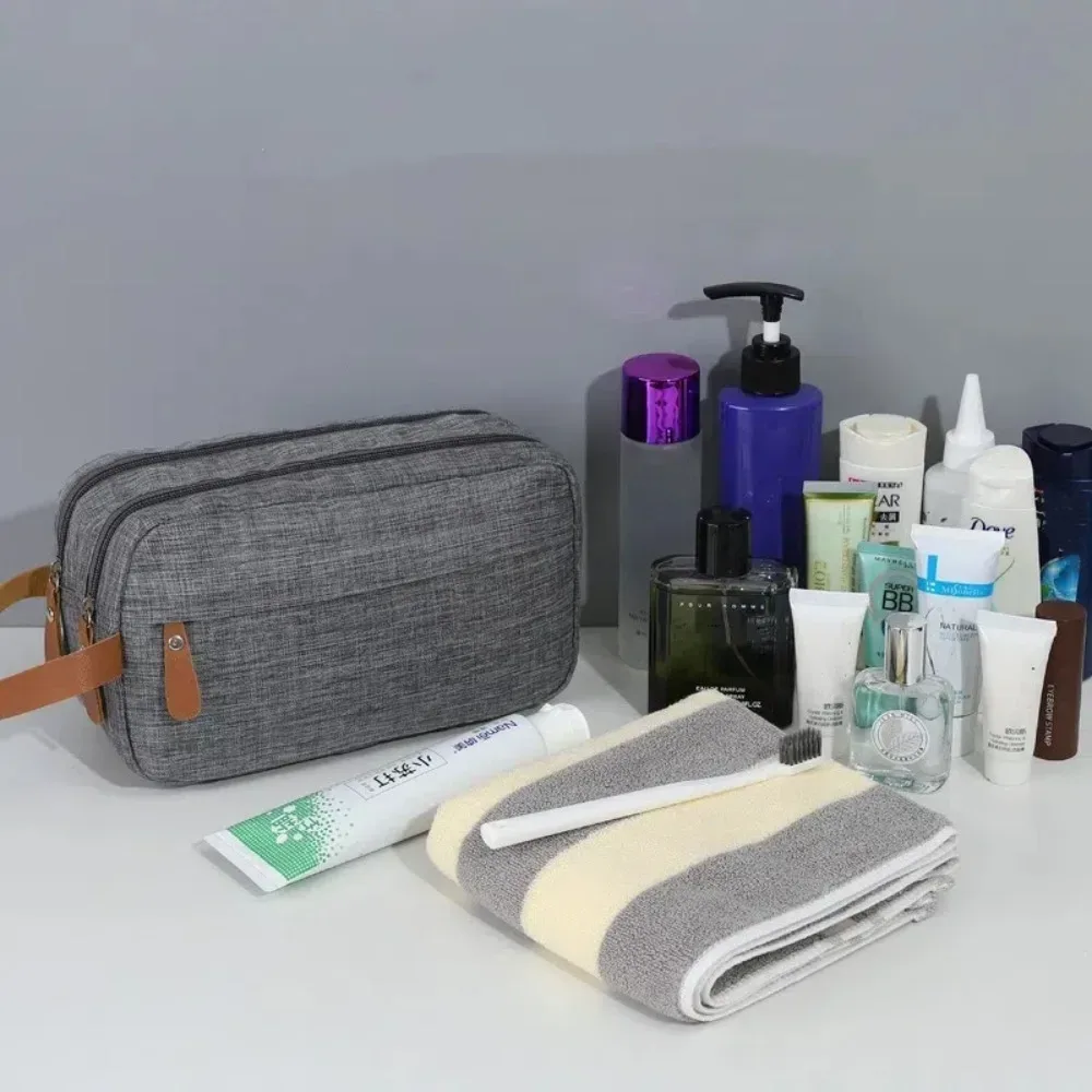 trousse de toilette de voyage couleur unie double couche portable pour homme avec compartiments grande capacité