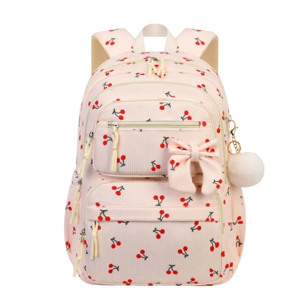 sac dos nylon dessin animé violet cerises rouges sac lunch boîte crayons poignees pompons compartiment isolant visibilite sécurité enfants