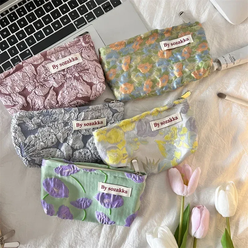 trousse de maquillage coréenne florale pour femmes, trousse à cosmétiques, trousse de maquillage de voyage, trousse de beauté en toile, trousse à crayons