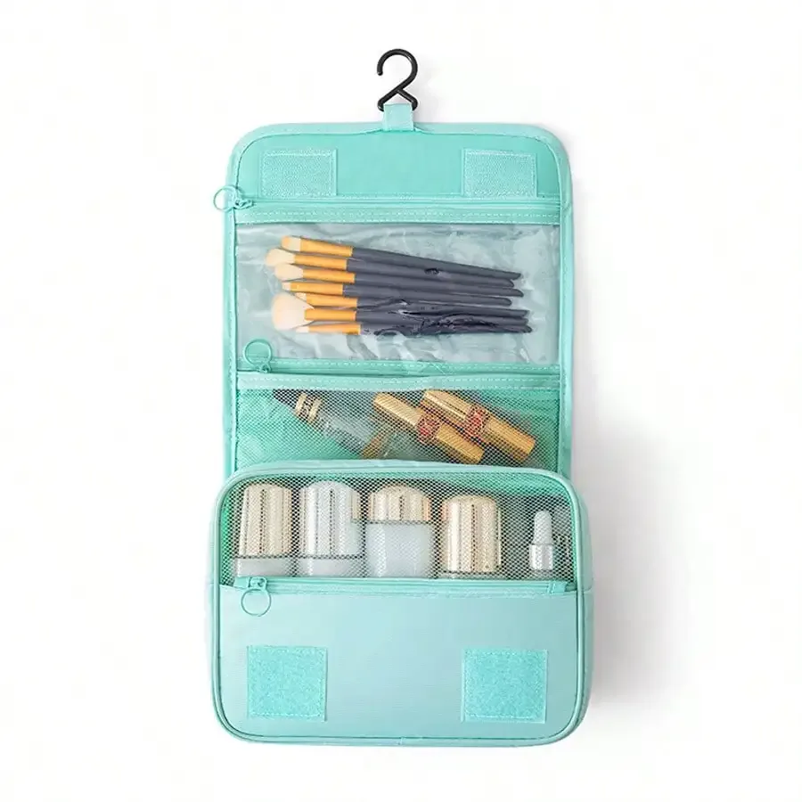 trousse de toilette de voyage de style coréen, trousse de maquillage, trousse à crochet, trousse de rangement multifonctionnelle de grande capacité avec compartiment séparé pour les articles secs et humides.