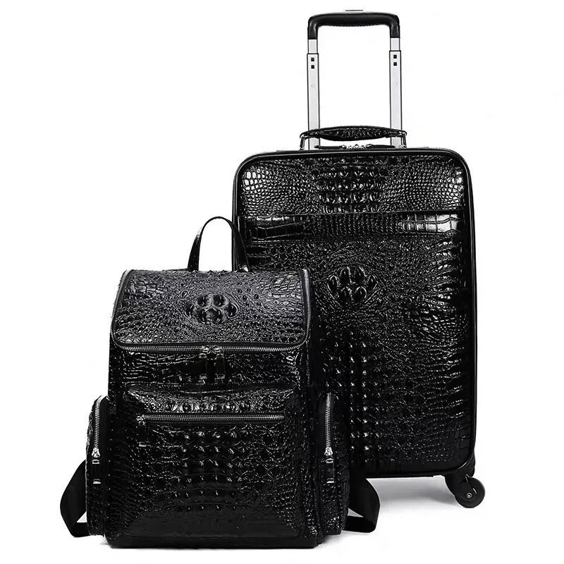 valise de voyage 100% cuir véritable avec sac à main, en cuir de vachette, à roulettes universelles, motif crocodile, 20 pouces, pour homme