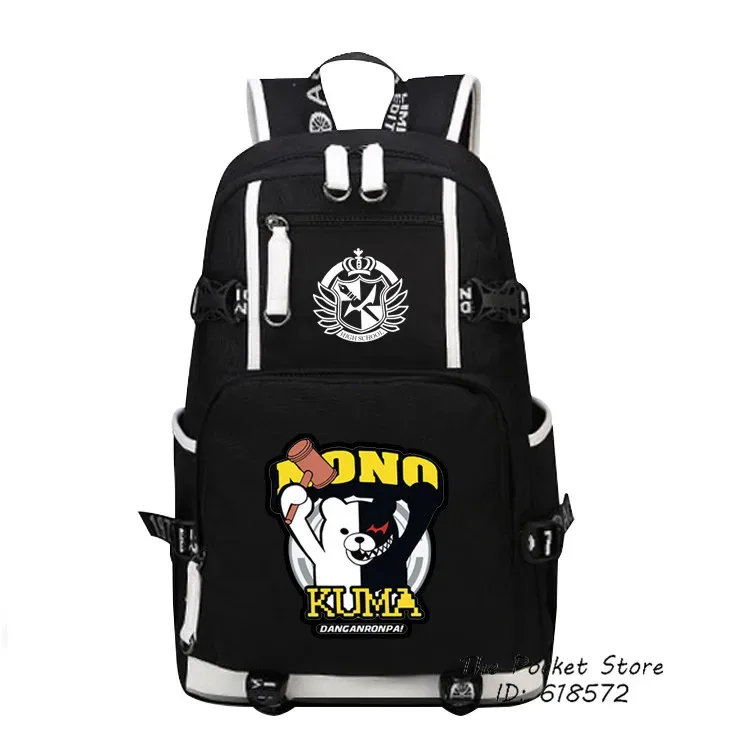 sac dos toile oxford noire dessin animé monokuma couronne ailes capacité 20 35 litres port usb bandes renfort blancs