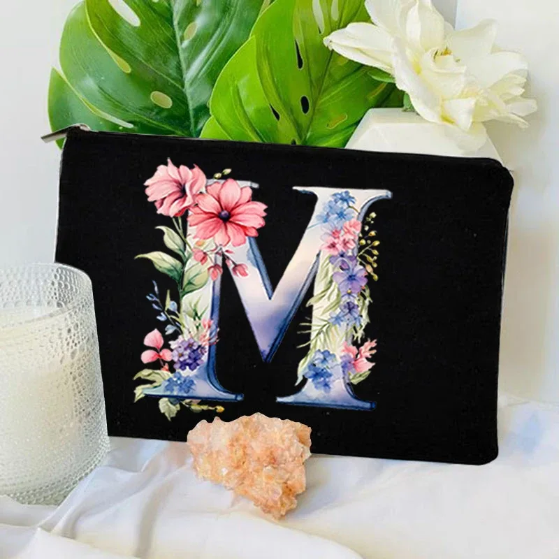 trousse toilette toile noire initiale fleurs maquillage femmes voyage sac cosmétiques intérieur uni poignée glissière