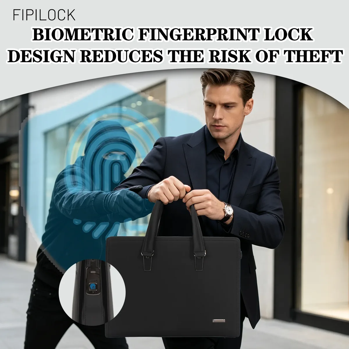 fipilock sac pour ordinateur portable en cuir, sacs à main rigides de luxe pour hommes avec déverrouillage intelligent par empreinte digitale, sac d'affaires pour bureau