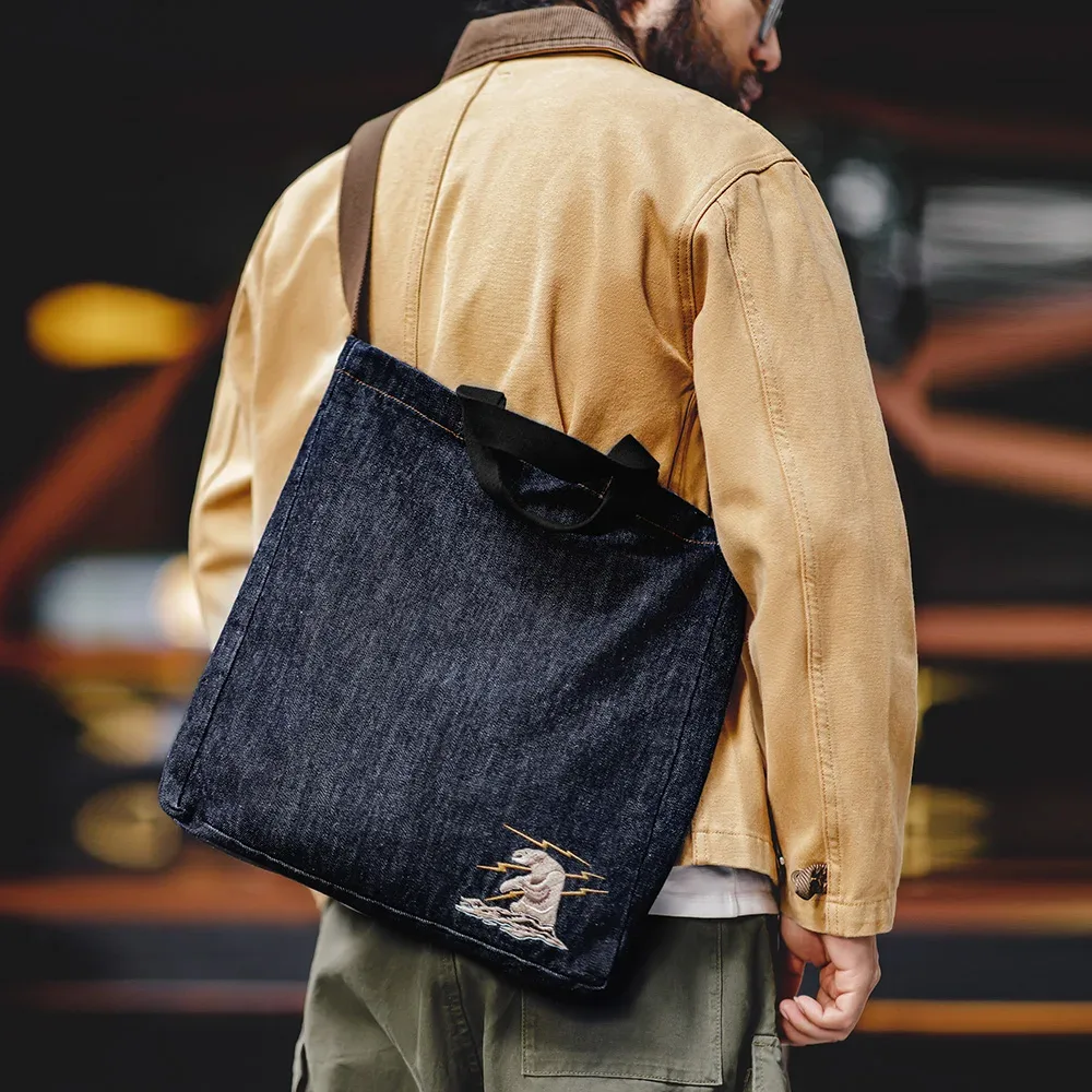 maden unisexe rétro 14oz denim sacs simple épaule sacs à bandoulière brodé polyvalent à main fourre-tout grande capacité sacs