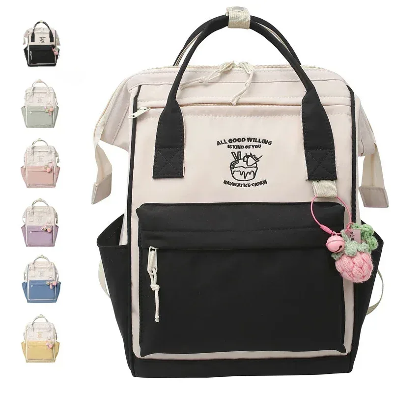 sac dos nylon pastel beige violet bandoulière ouverte motif fruits poche avant voyage loisirs