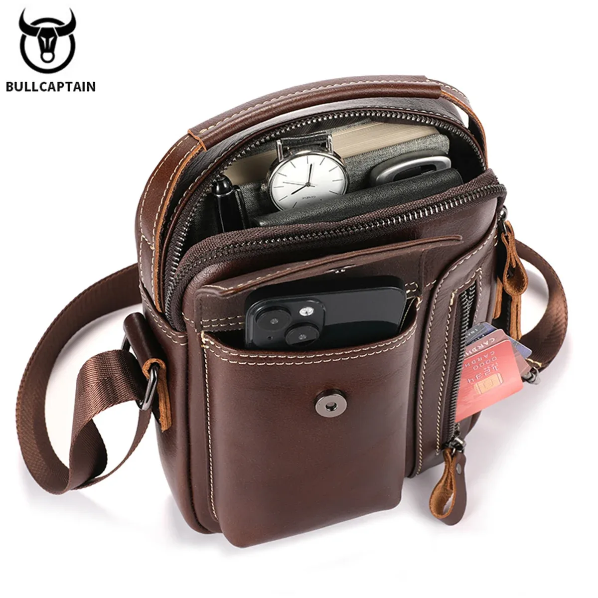 bullcaptain décontracté mode hommes sac de messager affaires portable sac à main homme en cuir sac à bandoulière mobile 6.5 ''sacs pour téléphone