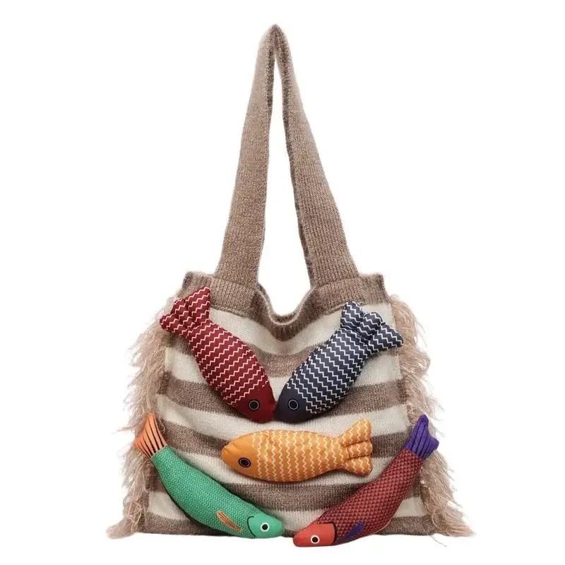 sac fourre-tout tricoté décontracté motif petit poisson mignon, nouveauté été, sac à bandoulière polyvalent pour trajets quotidiens, avec découpes contrastées