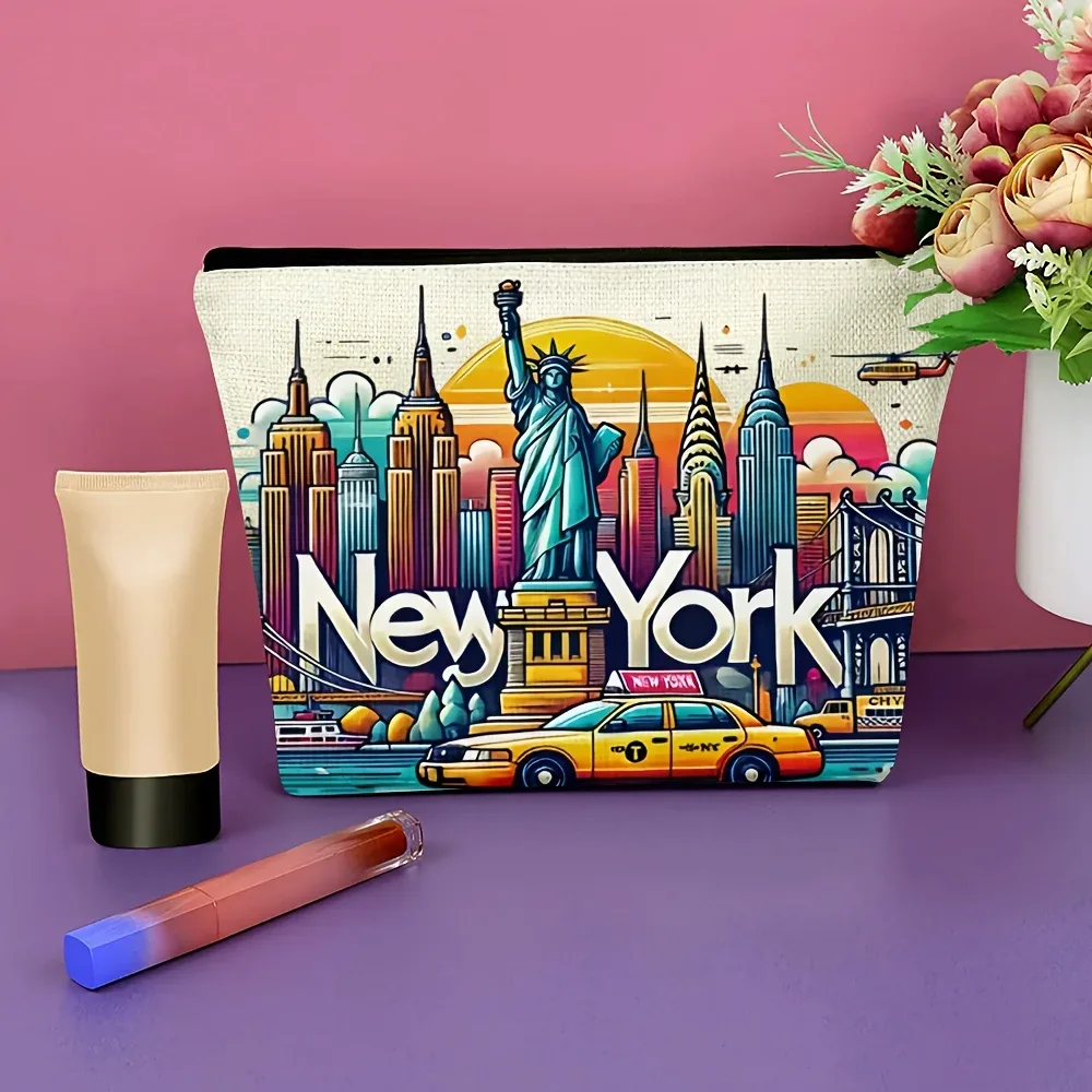trousse de maquillage design new york city avec monuments emblématiques, pochette cosmétique de voyage compacte pour femmes, cadeau pour sac de rangement de noël