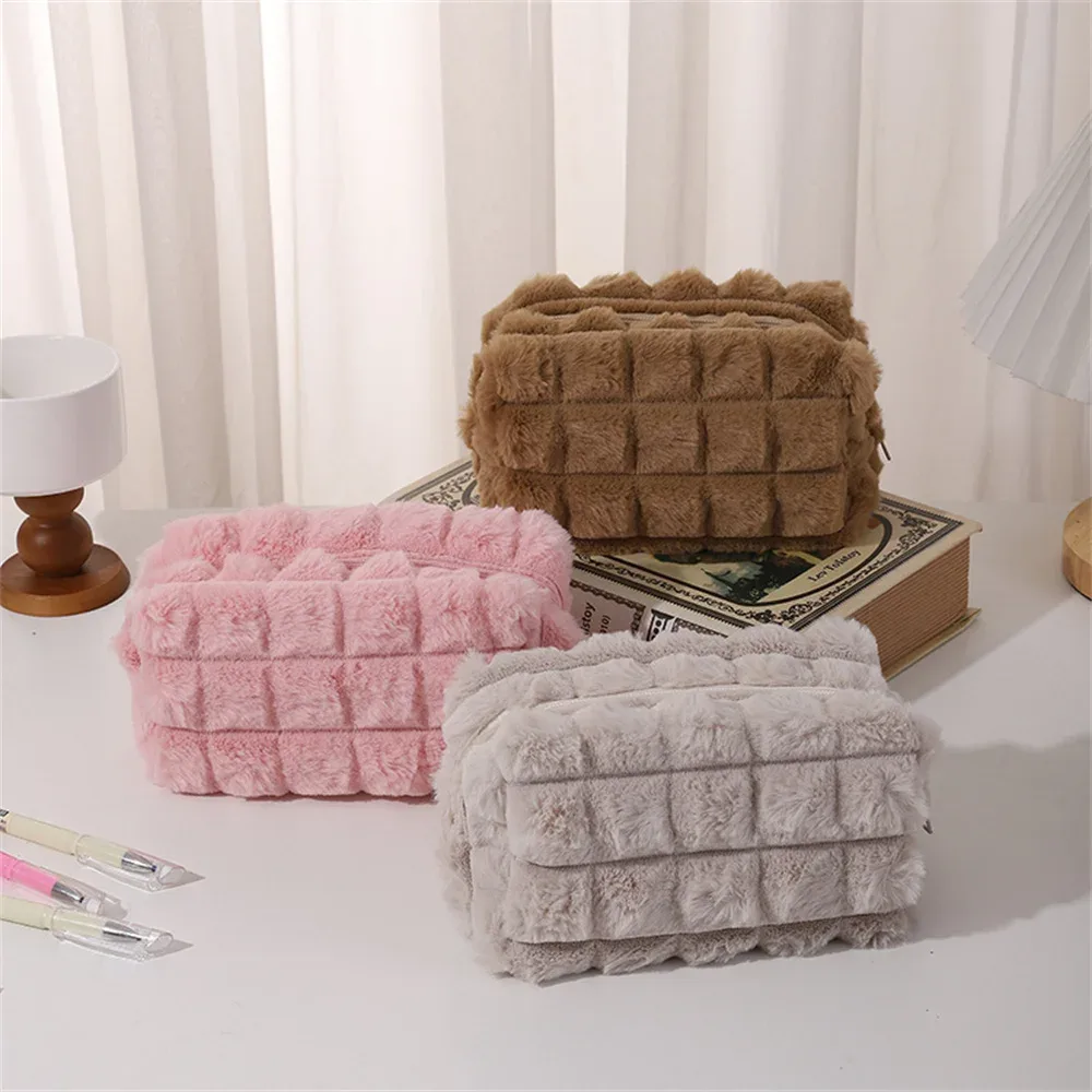 trousse de maquillage en peluche pour femme, sac de rangement cosmétique, rouge à lèvres, brosse, sacs à main chimevalupowers, grande capacité, trousse à crayons