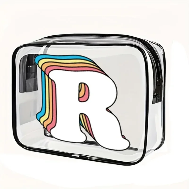 organisateur voyage cosmétiques pvc translucide poignée noire motif arcs-en-ciel lettre grande capacité format tonneau sac compression