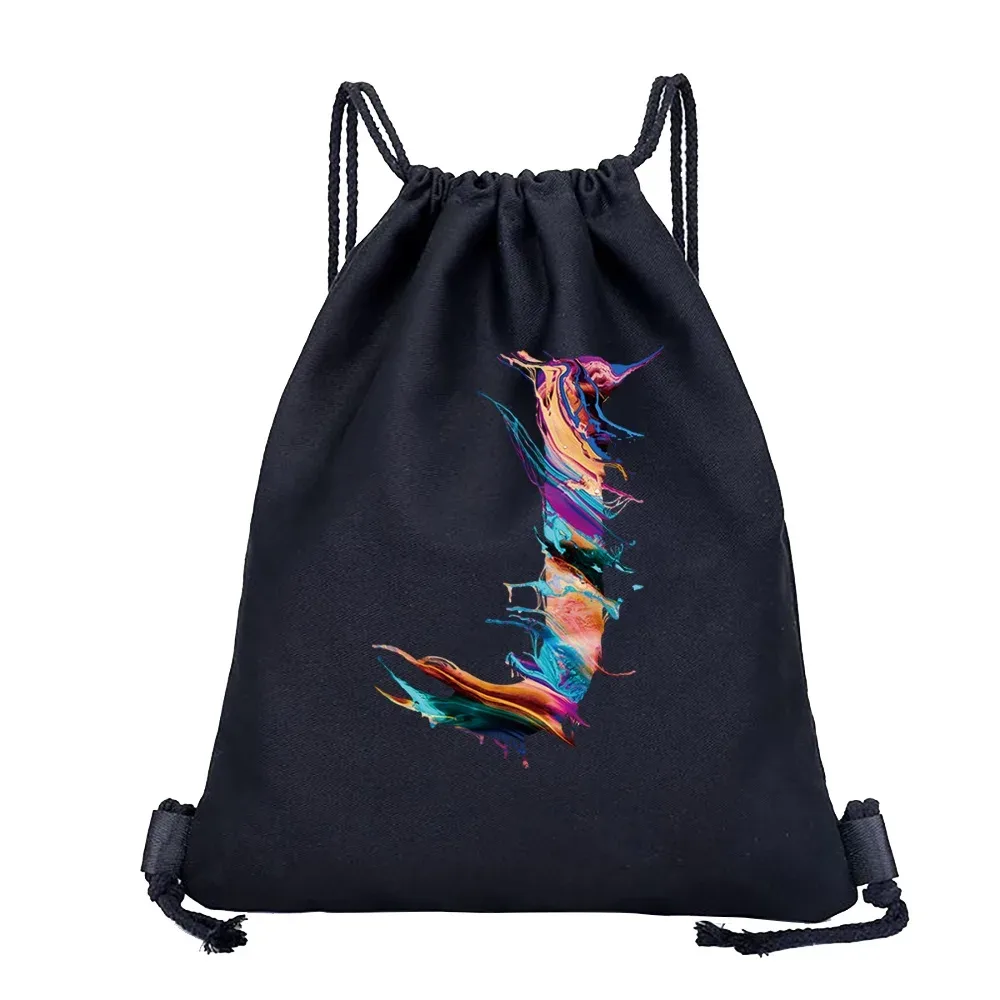 sac dos lin noir motif multicolore compact pliable cordon serrage poignées souple grande capacité sports plein air harajuku polyvalent