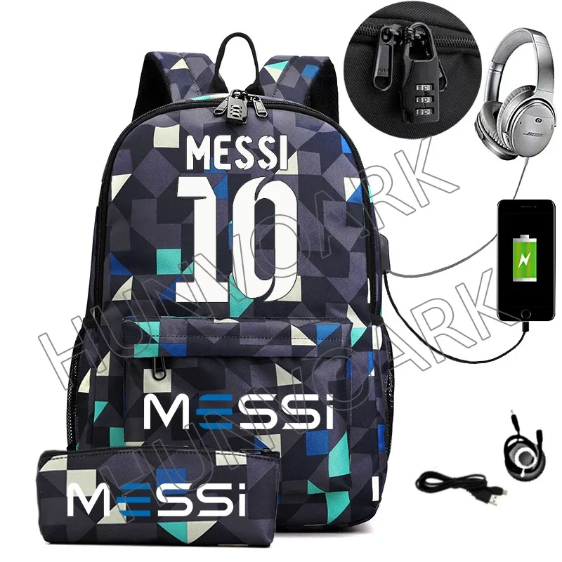 messi-sac à dos étanche avec chargeur usb, sac à dos de voyage décontracté, grande capacité, sacs d'école pour ordinateur portable, hommes et femmes