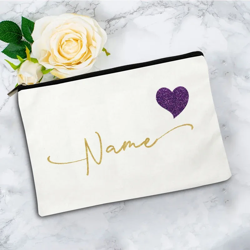 trousse de maquillage personnalisée avec nom en forme de cœur, sac de rangement pour articles de toilette pour femme, trousse à cosmétiques, cadeau de fête pour enseignant