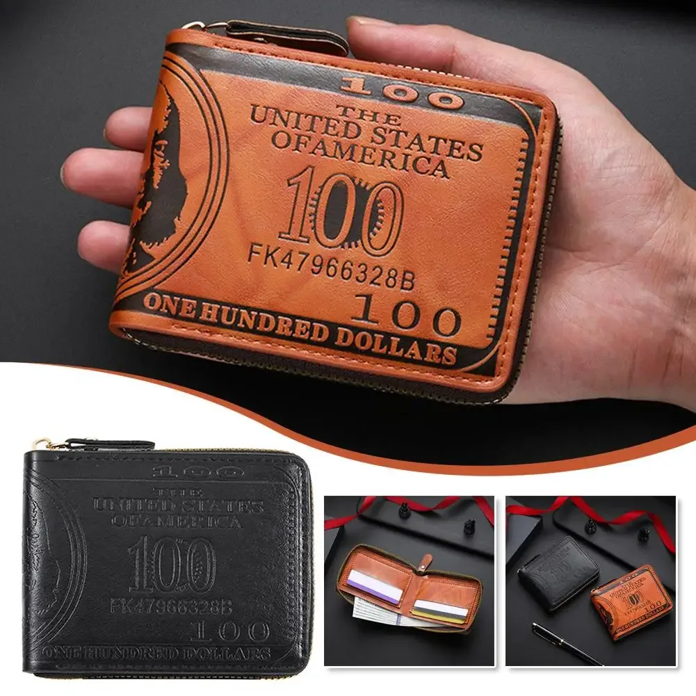 portefeuilles pour hommes avec loquet à motif de 100 dollars américains portefeuille en cuir pour hommes avec porte-carte à fermeture éclair porte-monnaie de poche cartera hombre
