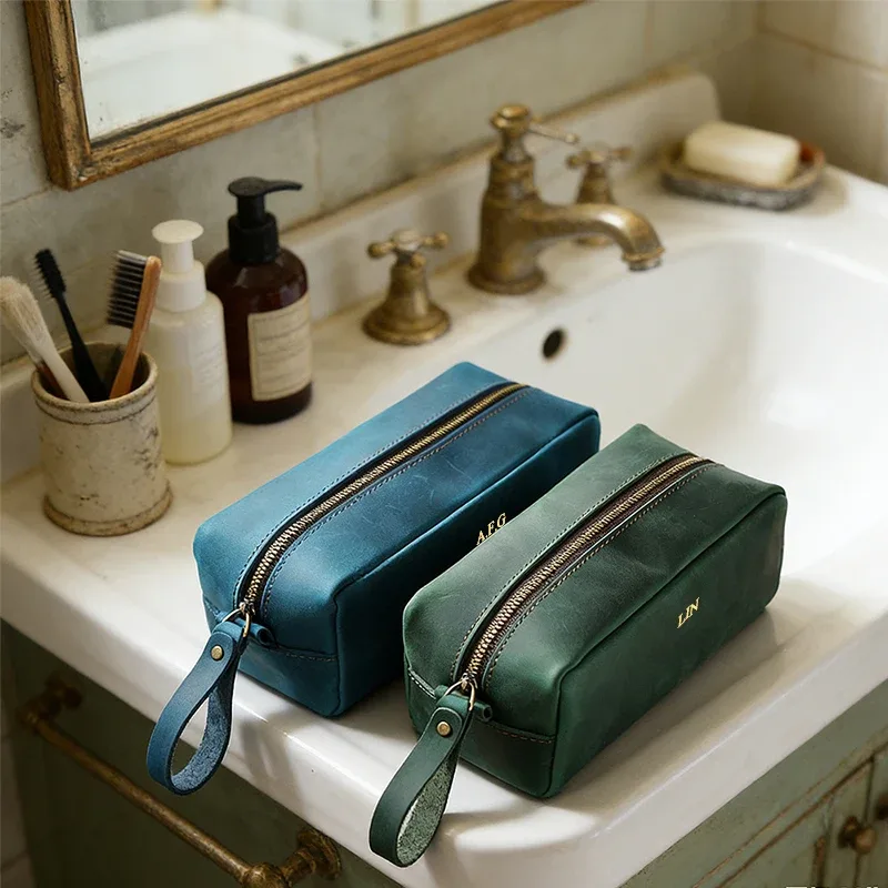 sac de voyage personnalisé en cuir véritable pour cosmétiques, gravure de lettres, pochette vintage en cuir crazy horse, sac de rangement personnalisé
