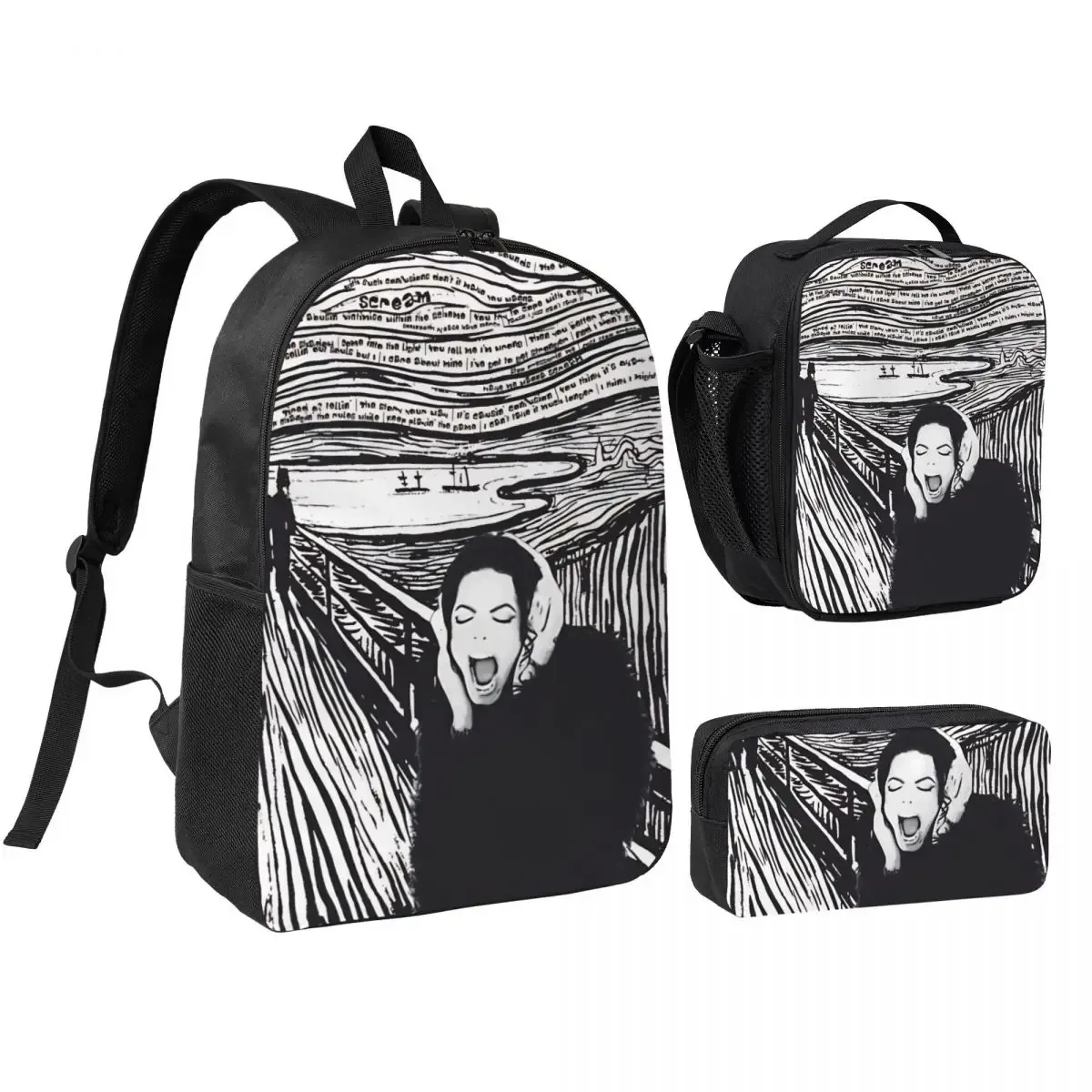 sac à dos mj pop king 3 pièces/ensemble pour étudiant, sac à bandoulière, sac à déjeuner, trousse à crayons