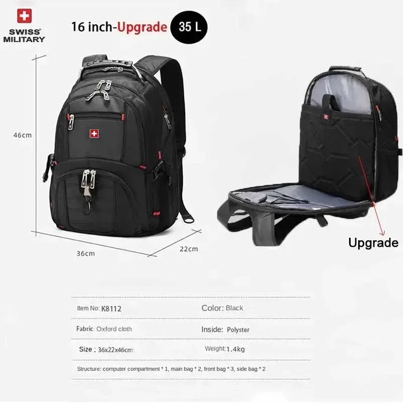 sac à dos pour ordinateur portable swiss 17' imperméable avec port de charge usb, sac à dos multifonctionnel de style suisse, cartable, sac de randonnée, sac de voyage