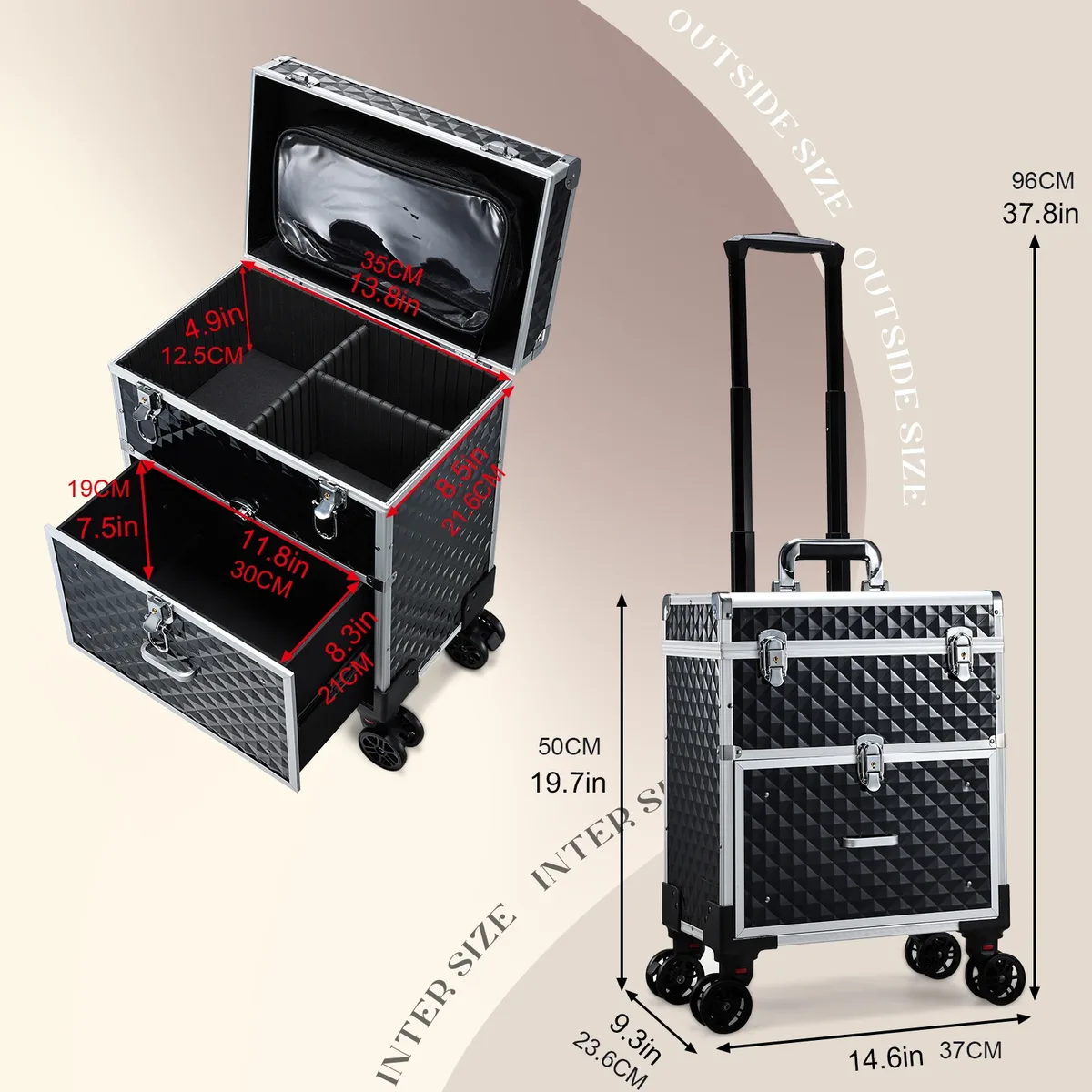 mallette de maquillage professionnelle à roulettes, chariot avec tiroir, mallette de rangement pour cosmétiques, grande mallette de cosmétologie, sac détachable
