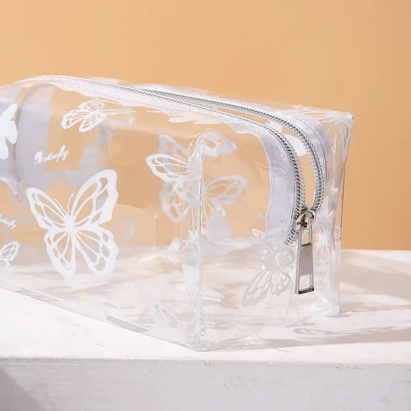sac de maquillage transparent en pvc imprimé papillon pour femmes, sac de rangement octogonal pour cosmétiques, sac de lavage étanche de grande capacité pour voyage