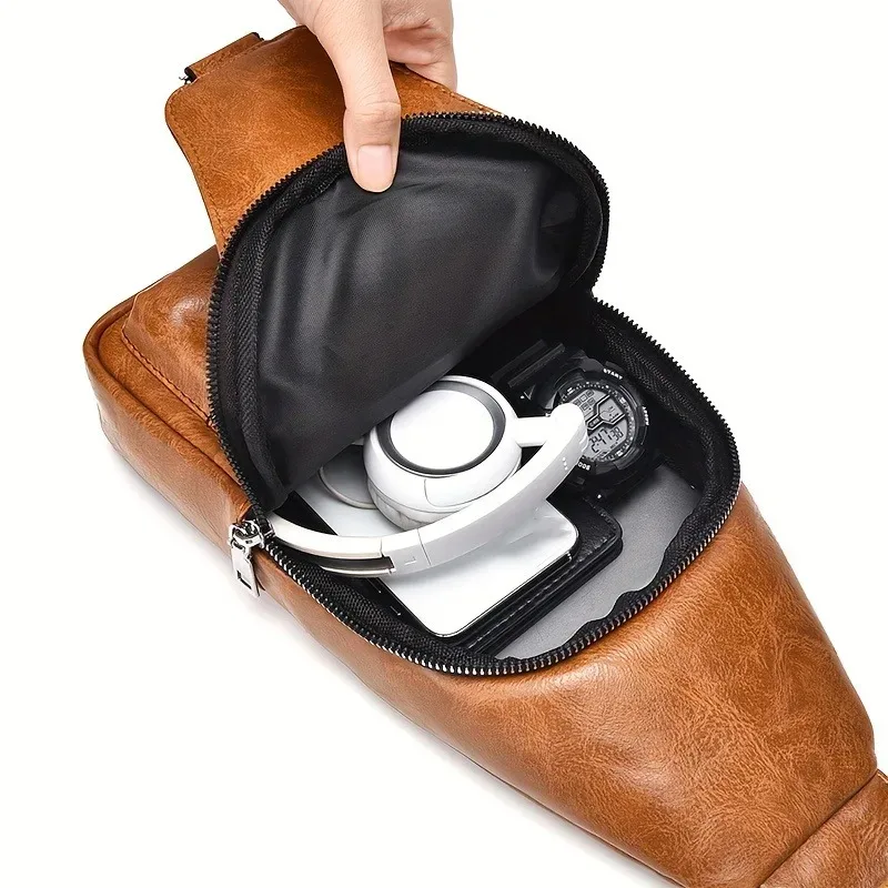 sac à bandoulière vintage étanche en pu, 1 pièce, anti-taches, grande capacité, sac de poitrine décontracté pour voyage en plein air, sac à bandoulière à la mode