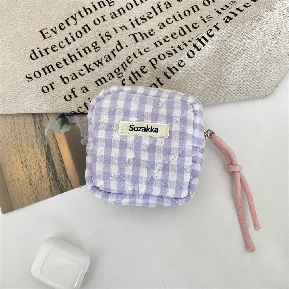 mini sac cosmétique carré à carreaux mignon pour femmes, écouteurs portables, rouge à lèvres, serviettes hygiéniques, stockage de poudres, petits sacs de maquillage à fermeture éclair