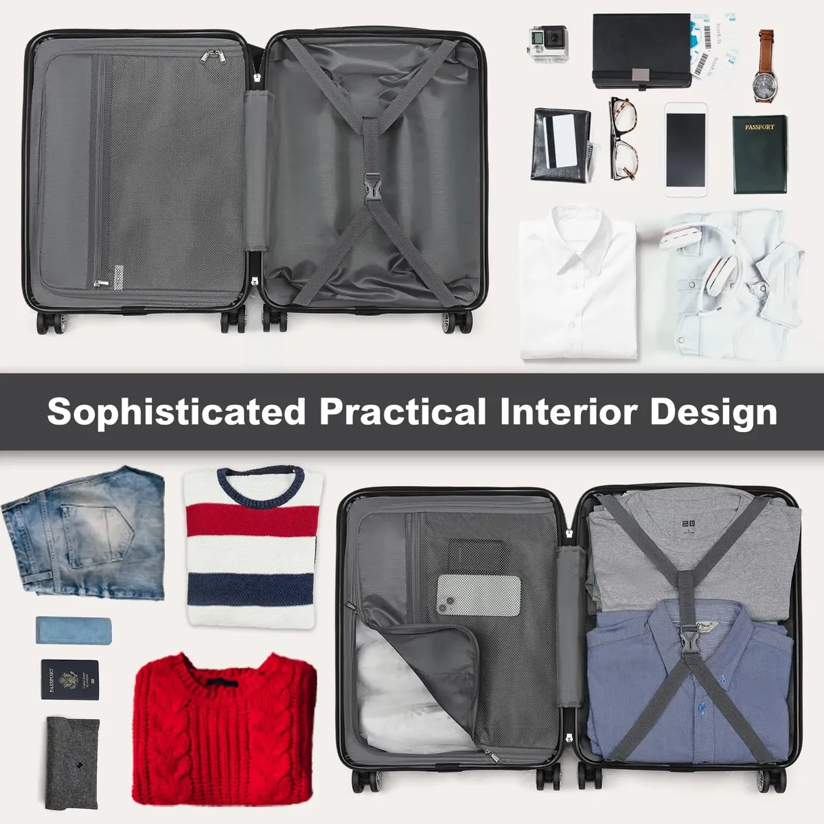 kono-valise rigide extensible légère avec serrure tsa, chariot à 4 rouleaux, 55cm, moyen 65cm, grand 75cm