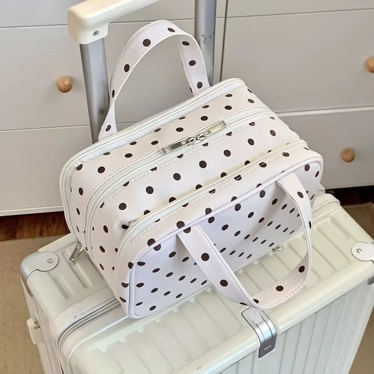 grande trousse à cosmétiques à pois, avec poignée portable, organisateur de maquillage multi-compartiments pour femmes, pour une utilisation quotidienne en voyage