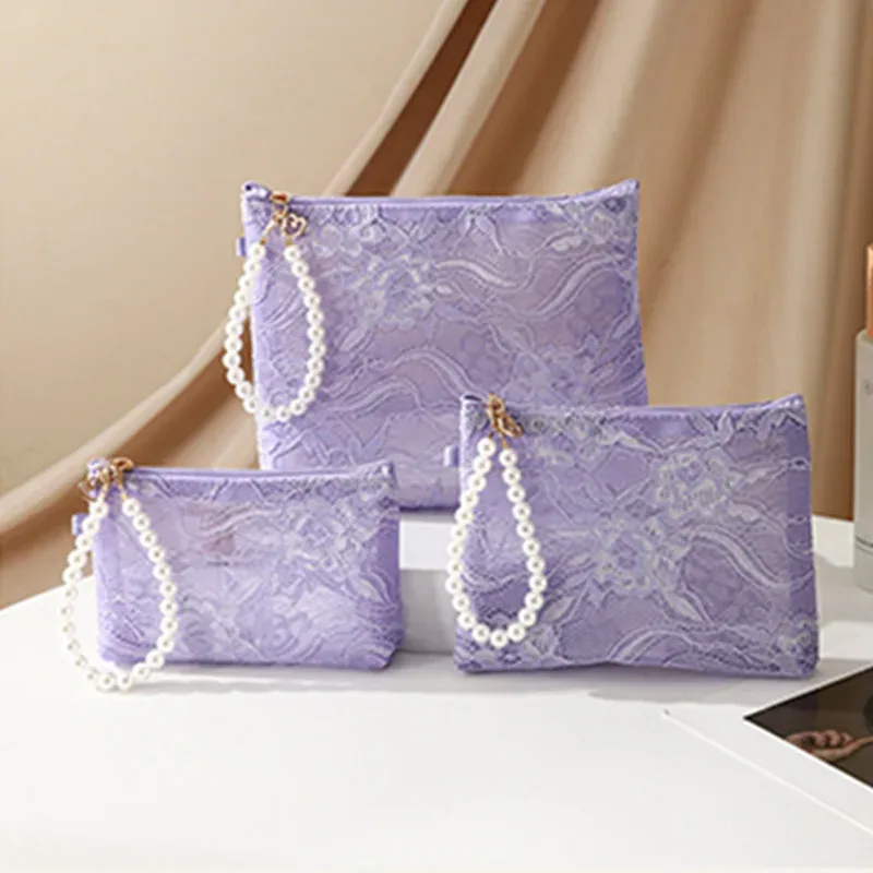 petite trousse de maquillage en dentelle à fleurs avec chaîne de perles, pochette à cosmétiques pour femmes, organisateur de voyage, sac à main portable pour clés de téléphone, porte-monnaie