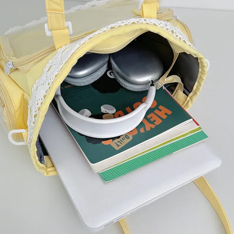 sacs bandoulière style universitaire pour fille, poche transparente, couleur unie, itabag grande capacité, sac à bandoulière en dentelle, pour poupées en coton, tenue quotidienne