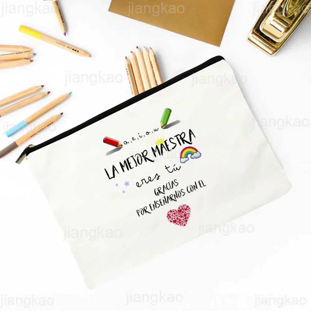 meilleur professeur du monde sac de maquillage imprimé espagnol nécessaire de voyage pochette de rangement d'articles de toilette sacs à crayons cadeau de diplômé pour enseignant