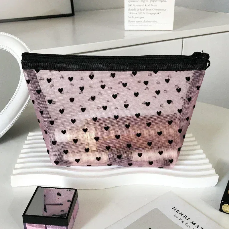 sac à cosmétiques en maille de nylon, organisateur de toilette en forme de cœur à fermeture éclair, sacs de maquillage multifonctionnels pour femmes, rouge à lèvres, clé, porte-monnaie