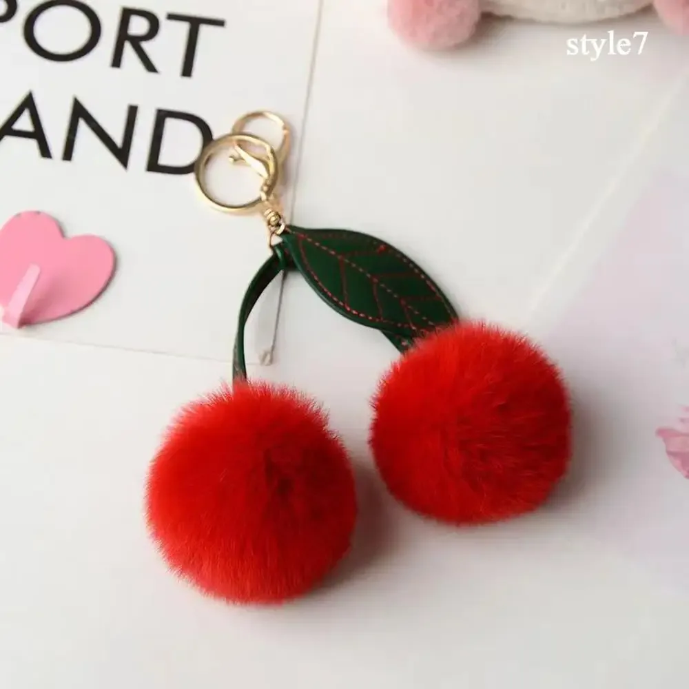 nouveau pelucheux lapin fourrure cerise porte-clés boule pompon porte-clés sac à main voiture porte-clés anneau cadeau femmes sac charme sac à dos accessoire