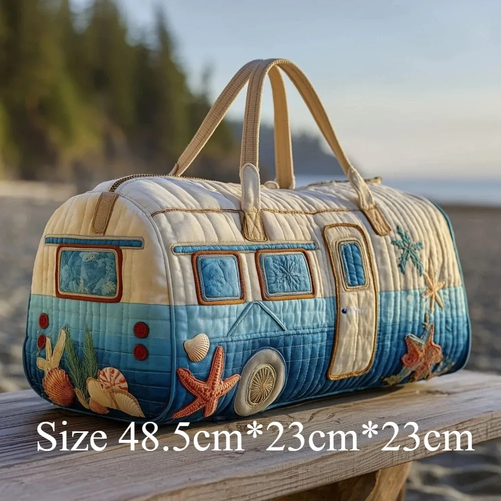 sac de voyage matelassé imprimé en 3d, design camping-car, avec coquillages et étoiles de mer, léger, sac de week-end, sac de voyage, sac de transport