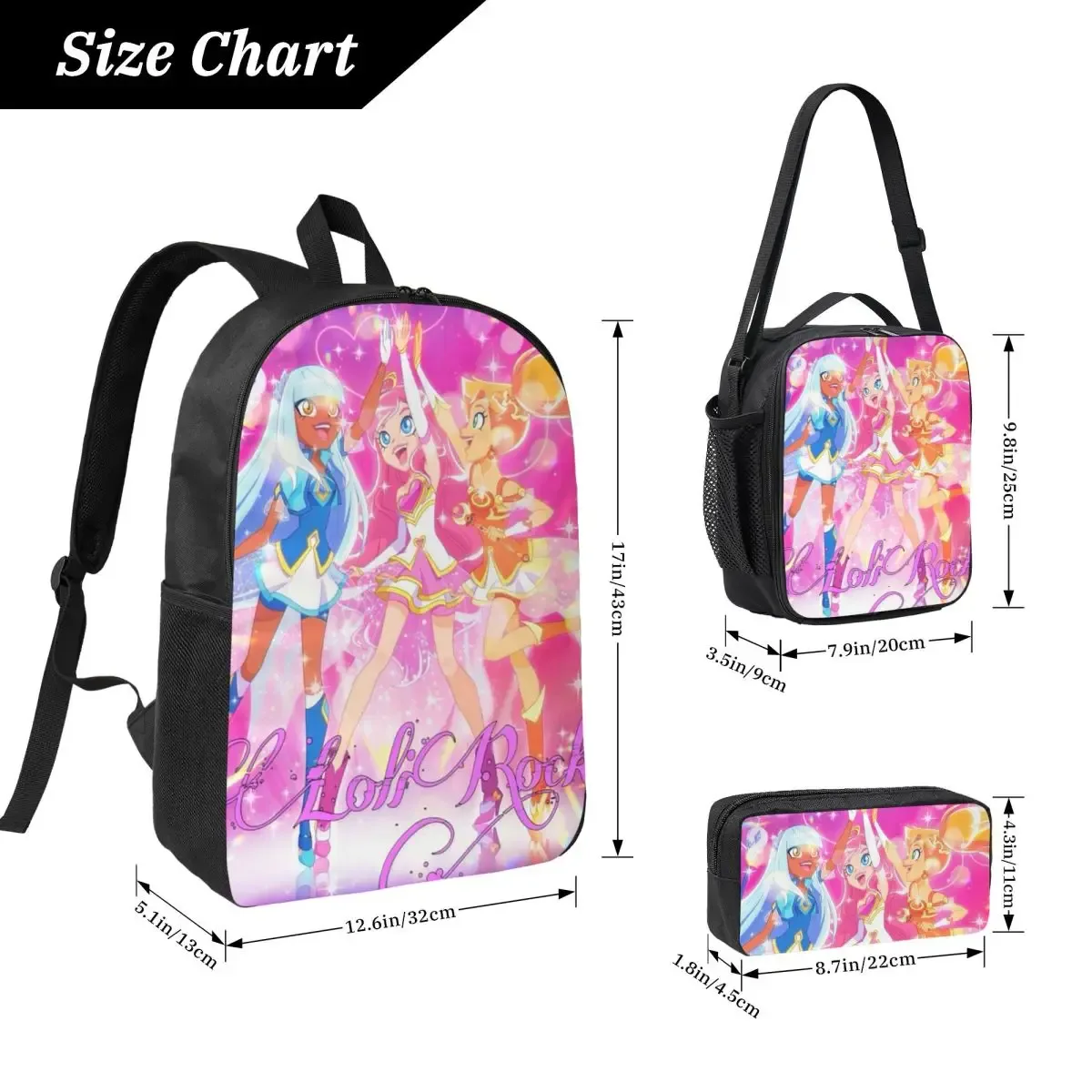 lolirock – sac à dos de dessin animé pour étudiants, sac d'école, sacs à bandoulière pour ordinateur portable, 3 pièces, sac à déjeuner isotherme, trousse à crayons