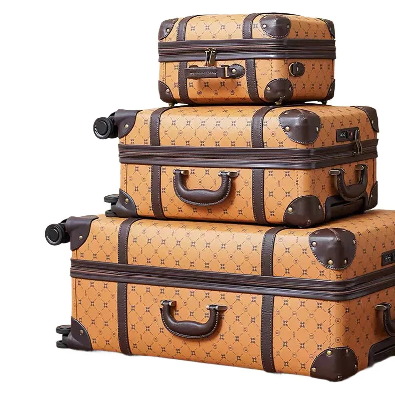 valise bagage roulant pu marron clair motif géométrique brun fond beige poignées roulettes empilable voyage