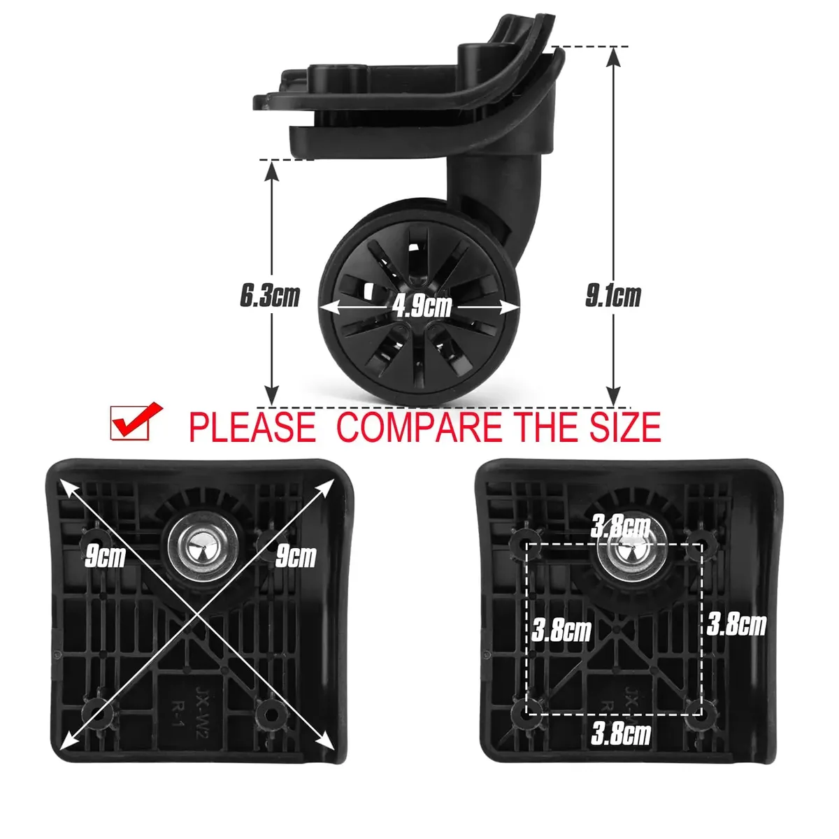 GUGULUZA 1 paire de roues de rechange pour valise avec 4 trous de fixation, roulettes de chariot double rangée 360° °   Kit de réparation de spinner