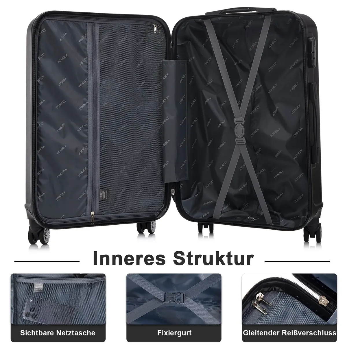 valise yonsly 20/24/28 pouces, légère, noire, coque rigide, bagage de voyage à roulettes avec roulettes à 360 degrés °     valise cabine à 4 roulettes avec compartiment en maille et poignée en caoutchouc pour les vacances et les voyages d'affaires