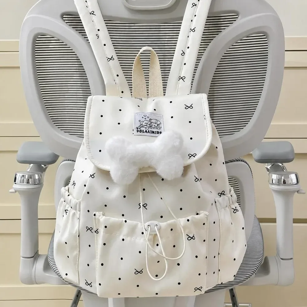 sac à dos à pois avec cordon de serrage et nœud, ultra léger, double bandoulière, grande capacité, en nylon, pour les trajets quotidiens et les voyages.