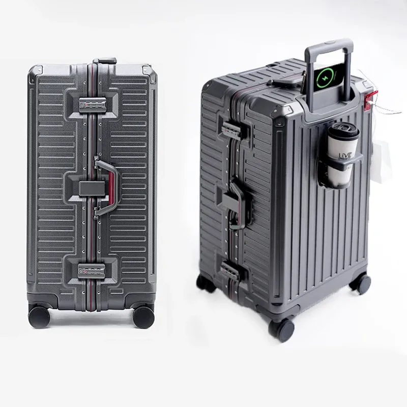 valise de voyage de grande taille, cadre en aluminium, valise à roulettes avec roulettes, bagage à main avec porte-gobelet, boîte à mot de passe
