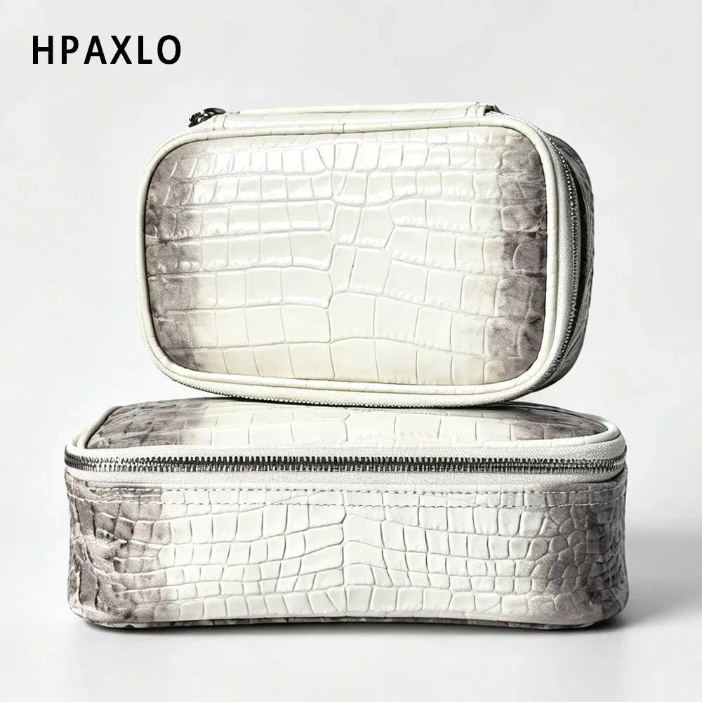 nouvelle trousse de toilette en cuir véritable à motif crocodile, organiseur de voyage, sac à main portable, pochette de rangement pour maquillage avec initiales