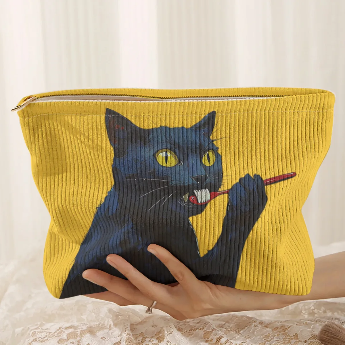 1 pièce, trousse de maquillage en velours côtelé à motif de chat noir, boîte de rangement légère à fermeture éclair, sac multifonctionnel avec doublure