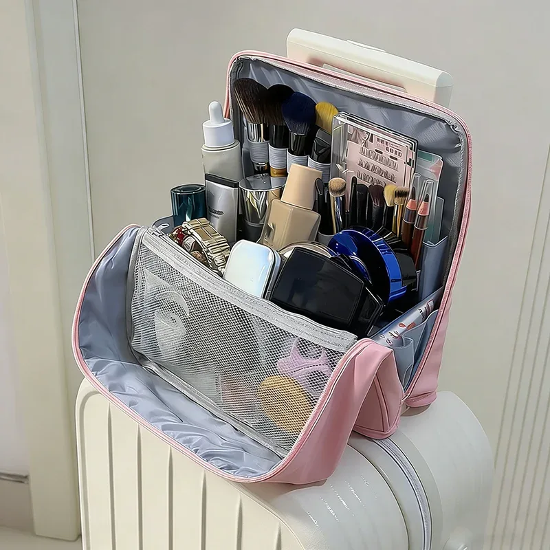 trousse de toilette de voyage avec compartiments, organiseur de maquillage pour femmes, grande pochette pour cosmétiques, soins de la peau, pinceaux et crayons