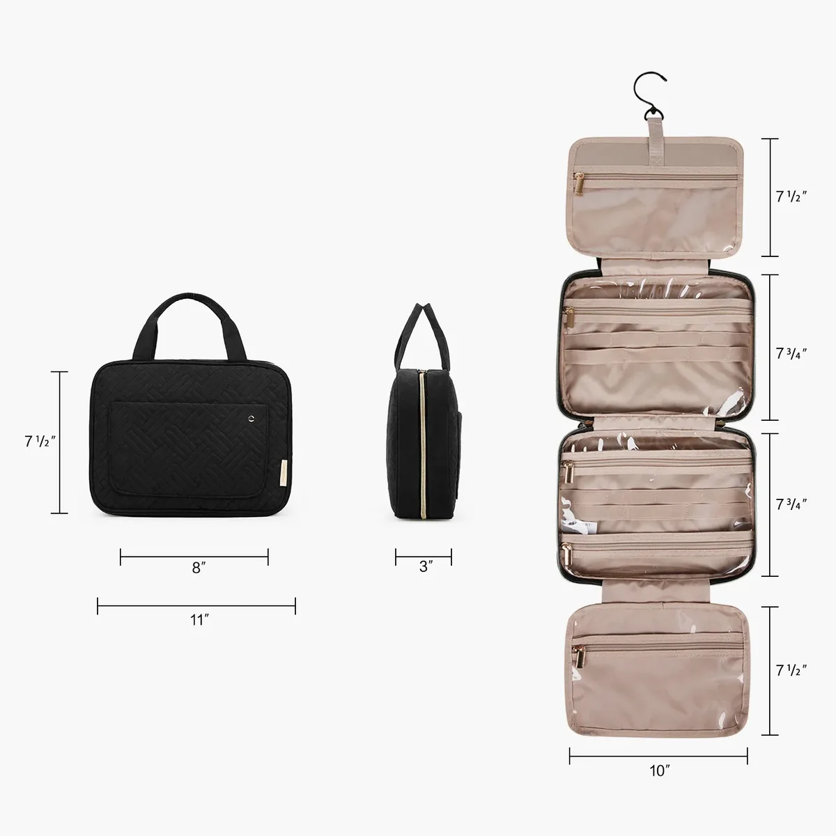 trousse toilette pvc compartiments transparents noire motif géométrique relief voyage cosmétiques maquillage rangement affaires week-end
