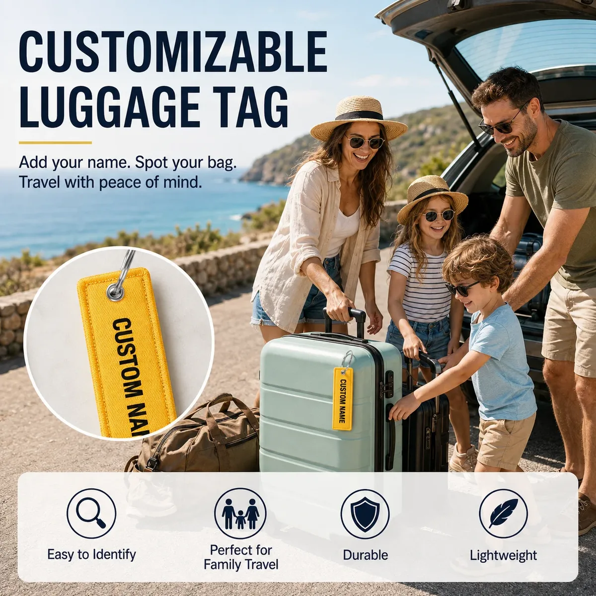 étiquette bagage polyester blanc noir cyan jaune violet voyage identification valise sac dos téléphone voiture