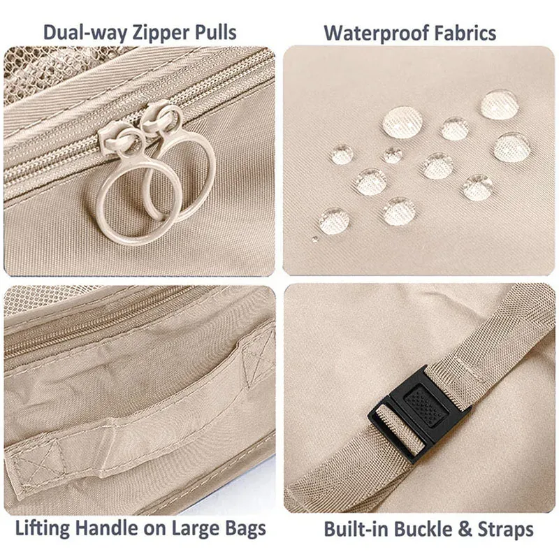 organisateur voyage polyester beige clair tissu imperméable poches maille transparente fermetures glissière poignées intégrées grande taille