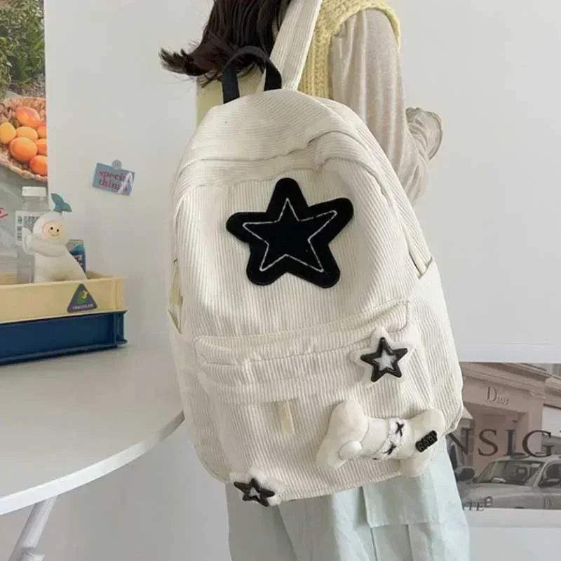 y2k – sac à dos pour ordinateur portable à motif d'étoile pour filles, sac à dos d'école de grande capacité pour adolescentes, sac à dos en velours côtelé, sac à bandoulière à double sangle