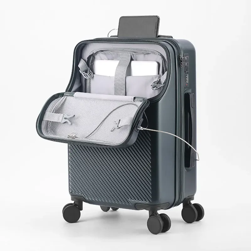 valise multifonctionnelle à ouverture frontale avec fermeture éclair, porte-gobelet, support latéral et crochet de maintien, bagage à roulettes